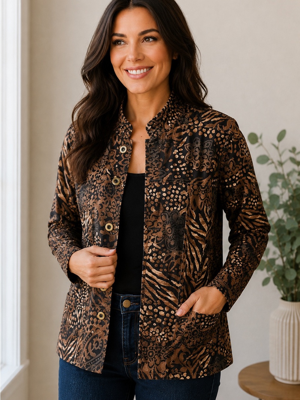 🤎🖤Chico’s Printed Stretch Jacket Size 2 Brown Black Animal Floral Mixed Print🖤🤎